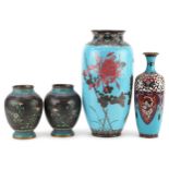 Four Japanese cloisonne vases including a pair enamelled with butterflies amongst flowers and an