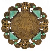 Chinese gilt metal green stone brooch embossed with a crane amongst foliage, 6cm in diameter, 18.2g