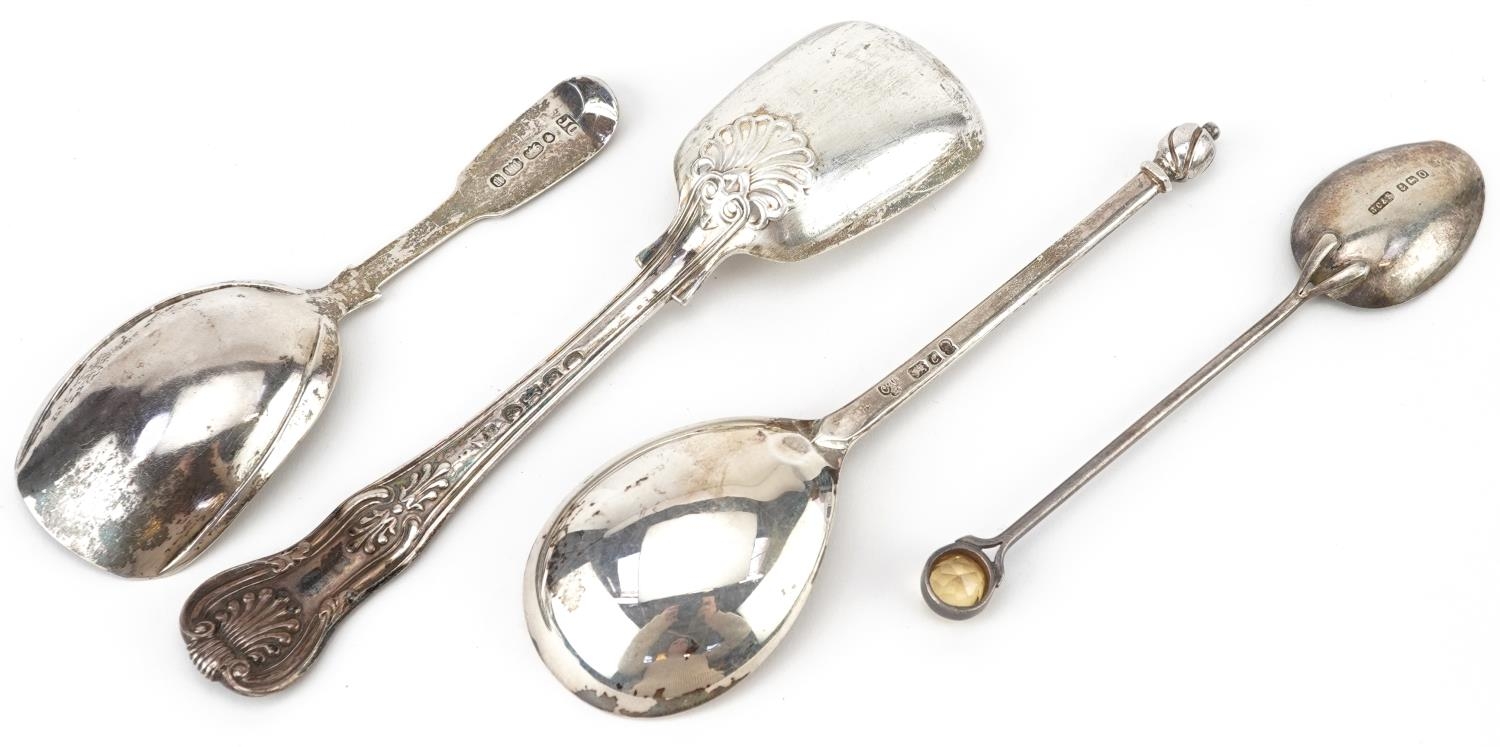 Four Victorian and later silver spoons including a caddy spoon and one with citrine terminal, the - Image 2 of 5