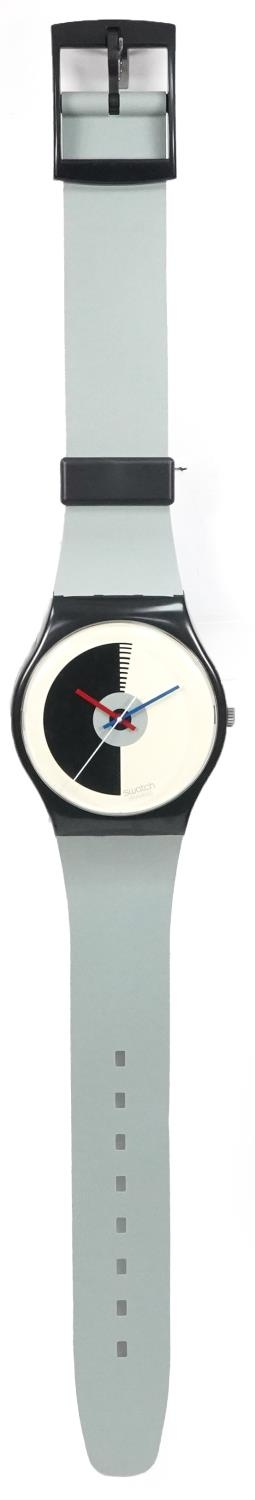 1980s Maxi-Swatch wall clock in the form of a Swatch wristwatch with box, 212cm high