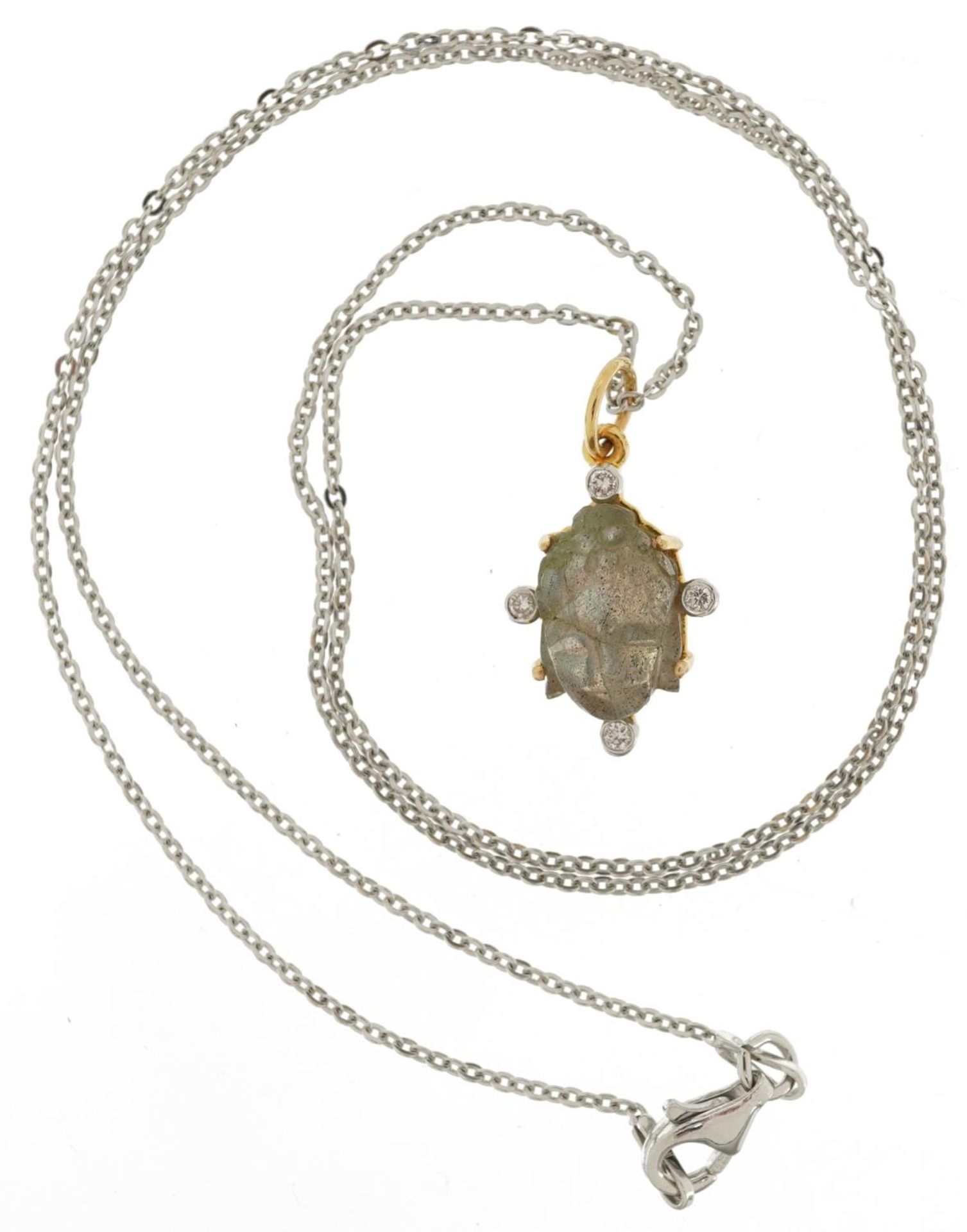 14ct gold diamond and carved labradorite pendant in the form of a Buddha head, on a silver necklace, - Image 3 of 5