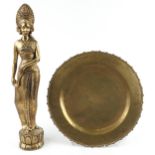 Chinese brass charger engraved with a dragon and a gilt painted figure of a standing goddess, 71.5cm