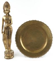 Chinese brass charger engraved with a dragon and a gilt painted figure of a standing goddess, 71.5cm