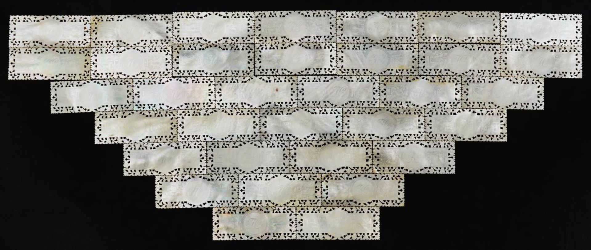 Good collection of Chinese Canton mother of pearl gaming counters finely carved and pierced with - Image 7 of 14