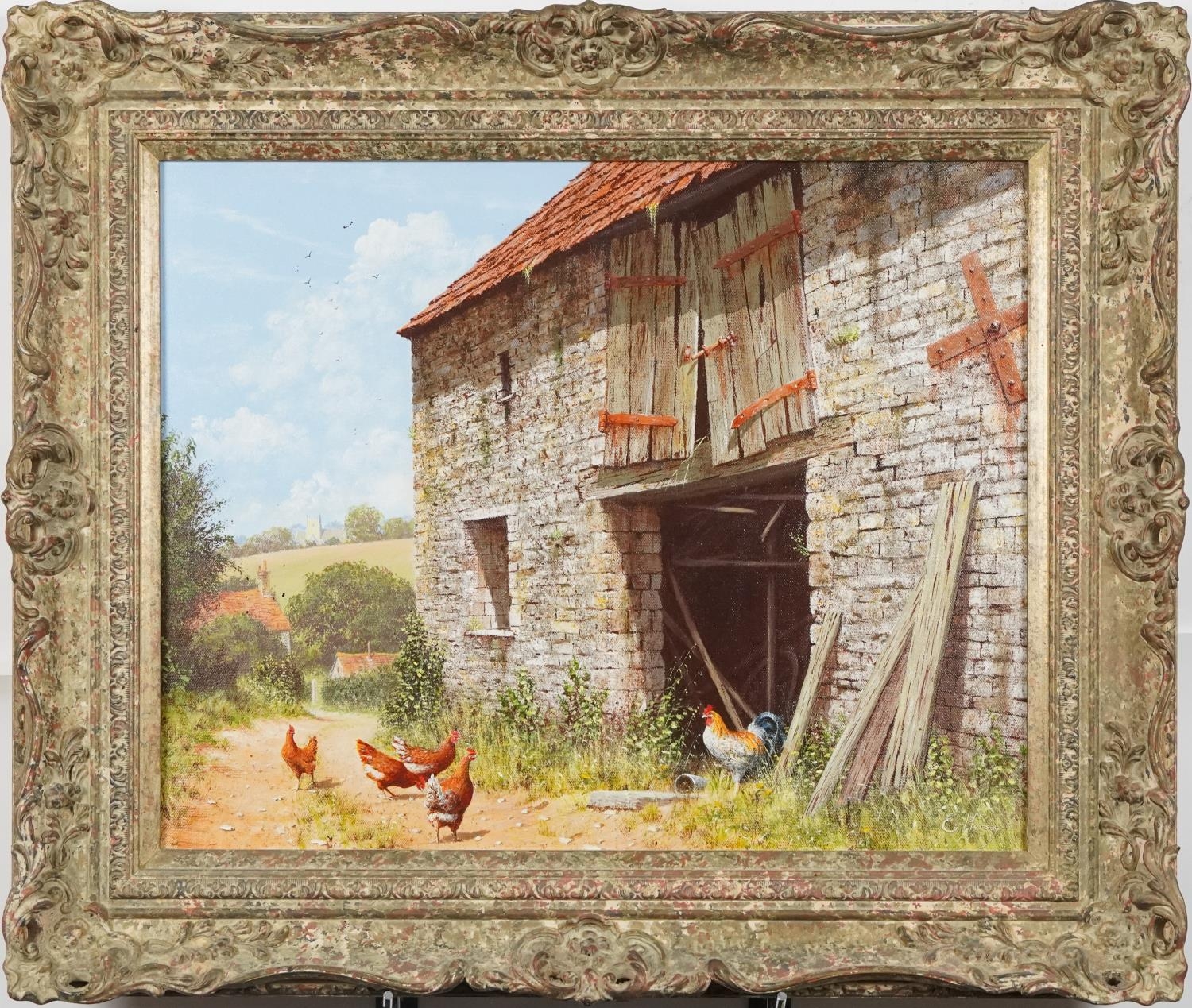 Edward Hersey - Chickens by an old stone barn, contemporary oil on canvas, Stacey Marks labels - Image 2 of 7