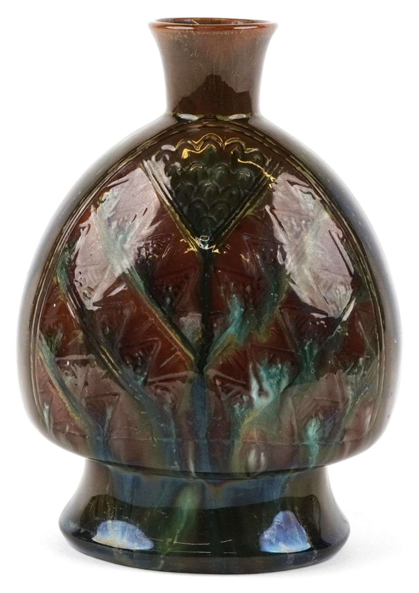 Christopher Dresser for Linthorpe, Arts and crafts vase having a brown and green mottled glaze