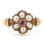 Victorian 15ct gold ruby and pearl flower head ring, size M, 2.1g