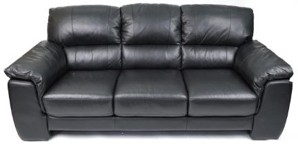 Contemporary three seater settee with black leather upholstery, 90cm H x 200cm W x 90cm D