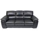 Contemporary three seater settee with black leather upholstery, 90cm H x 200cm W x 90cm D