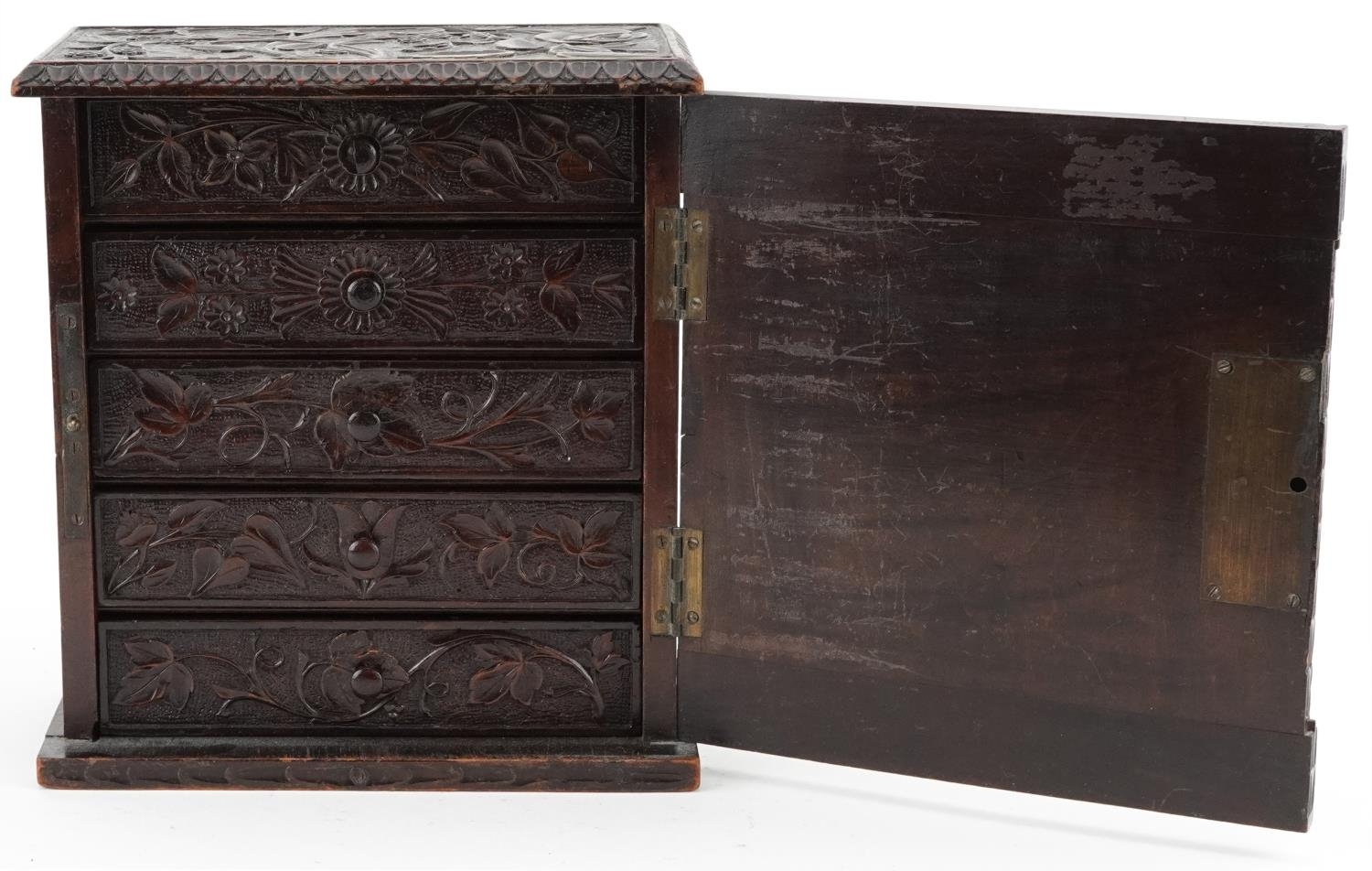 19th century oak table top collector's chest finely and profusely carved with foliage having - Image 3 of 5