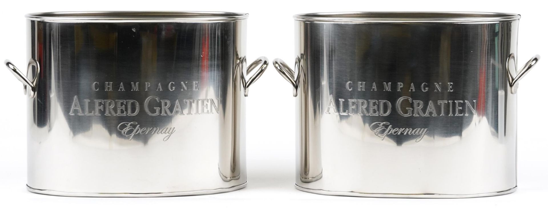 Pair of Alfred Gratien design silver plated ice buckets with twin handles, 18cm high x 29cm wide