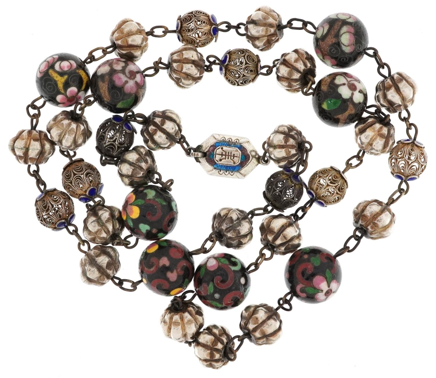 Chinese filigree silver and enamel cloisonne necklace, 72cm in length, 66.6g - Image 2 of 3
