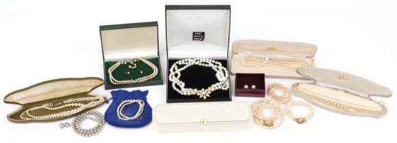Collection of vintage and later simulated pearl necklaces, bracelets and earrings, some with
