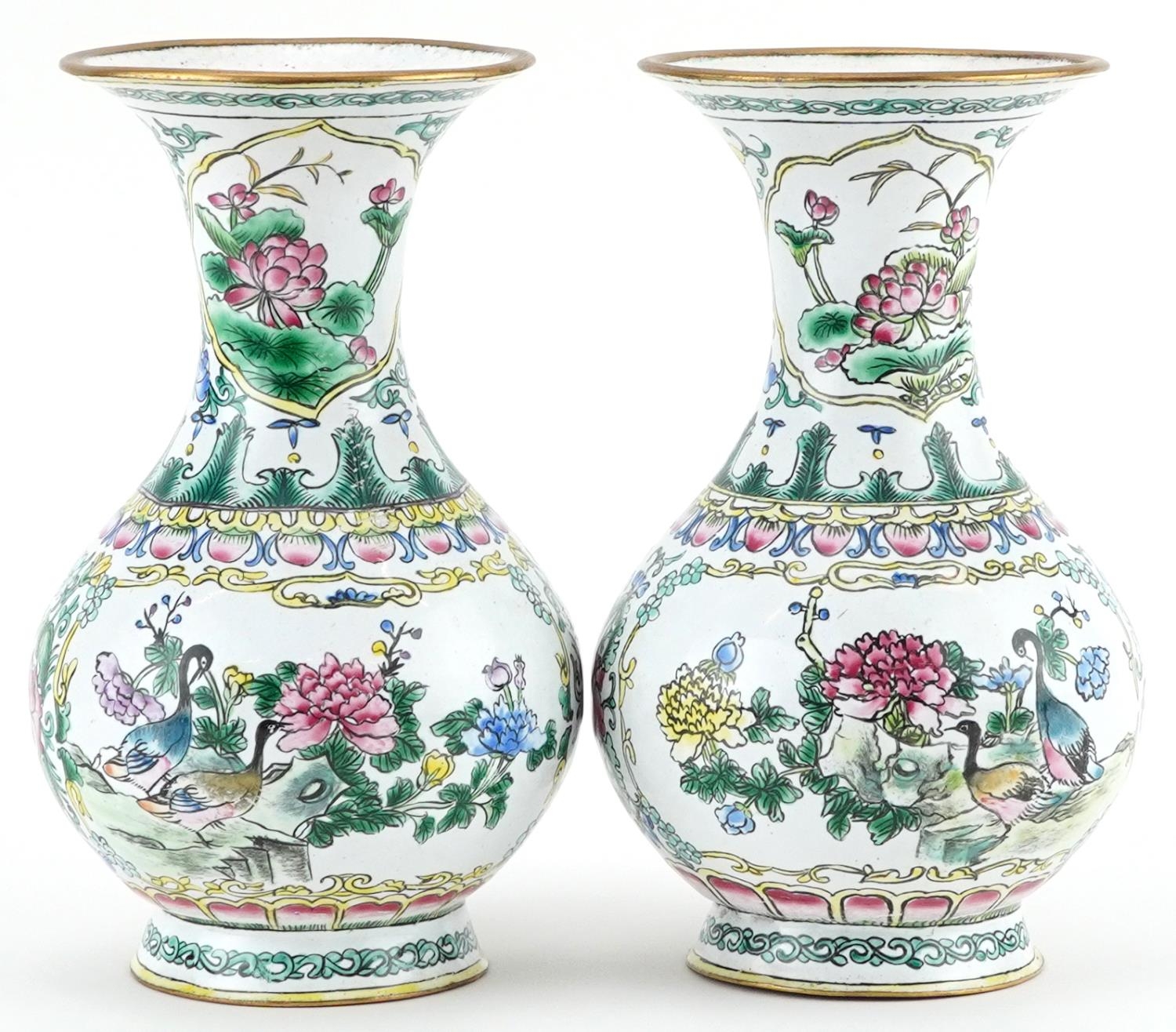 Pair of Chinese Canton enamelled vases hand painted with birds and ducks amongst flowers, each