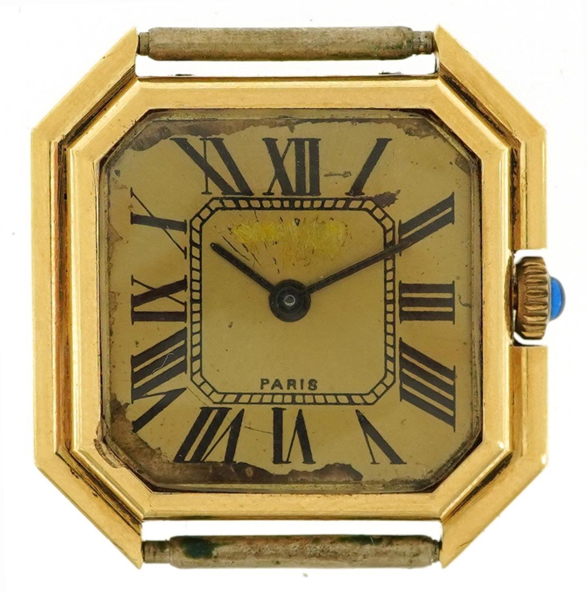 Art Deco style 18ct gold gentlemen's manual wind wristwatch having gilt dial with Roman numerals and