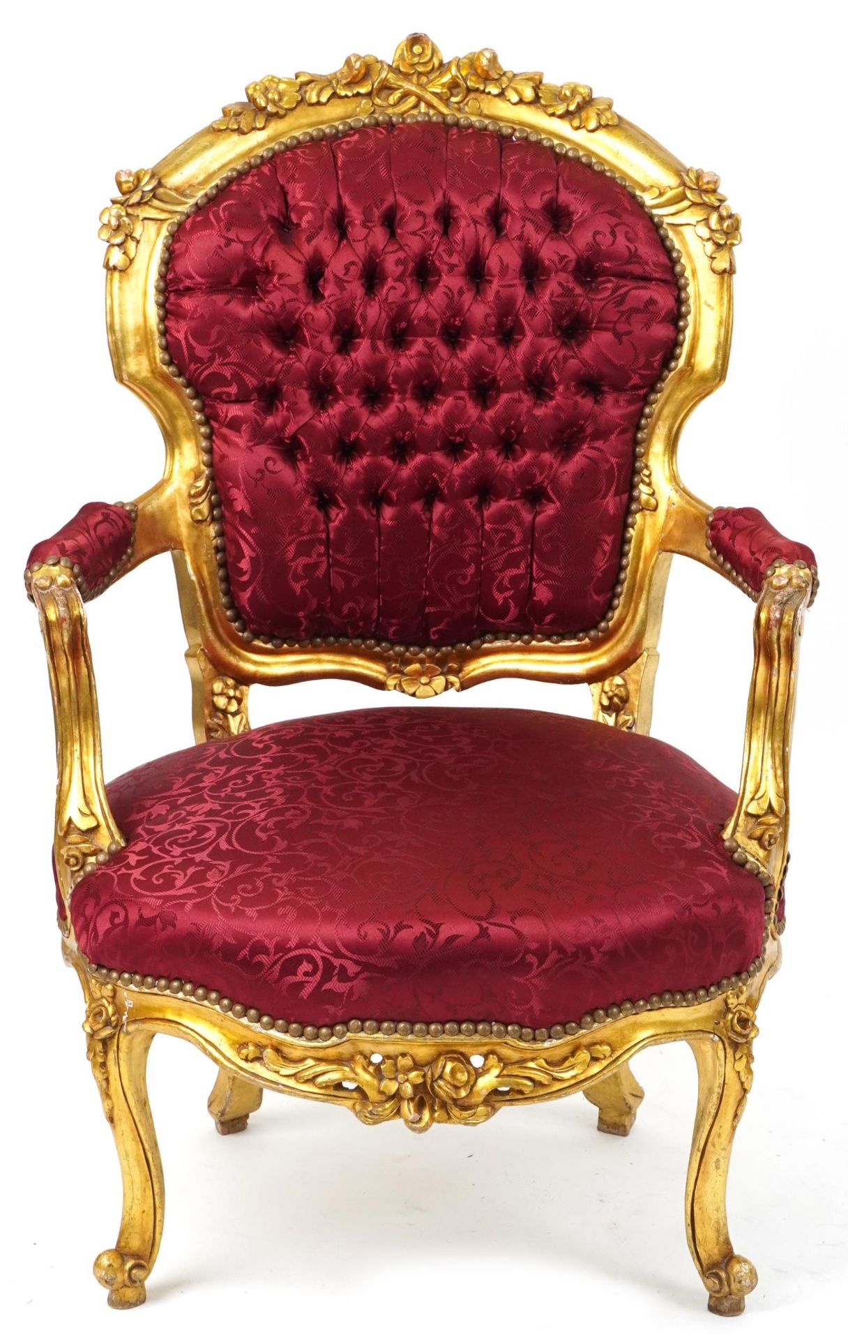 French Louis XV style elbow chair carved with flowers having red part silk floral button back - Image 2 of 4