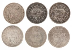Six George III and later silver shillings, comprising dates 1816, 1826, 1836, 1880, 1887 and 1900,