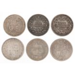 Six George III and later silver shillings, comprising dates 1816, 1826, 1836, 1880, 1887 and 1900,