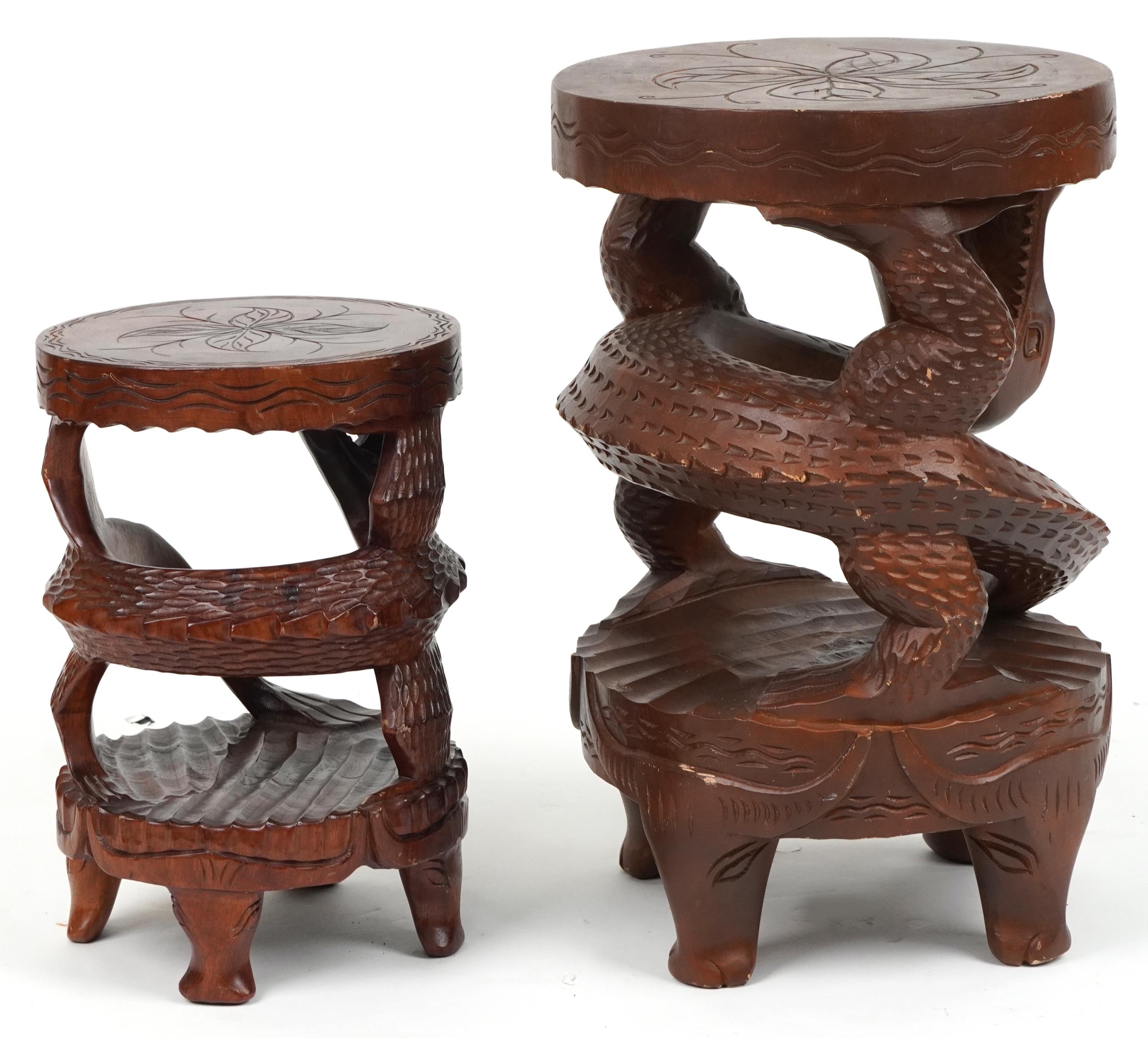 Two Chinese carved hardwood dragon design occasional tables, the largest 62cm high x 39cm in - Image 3 of 3