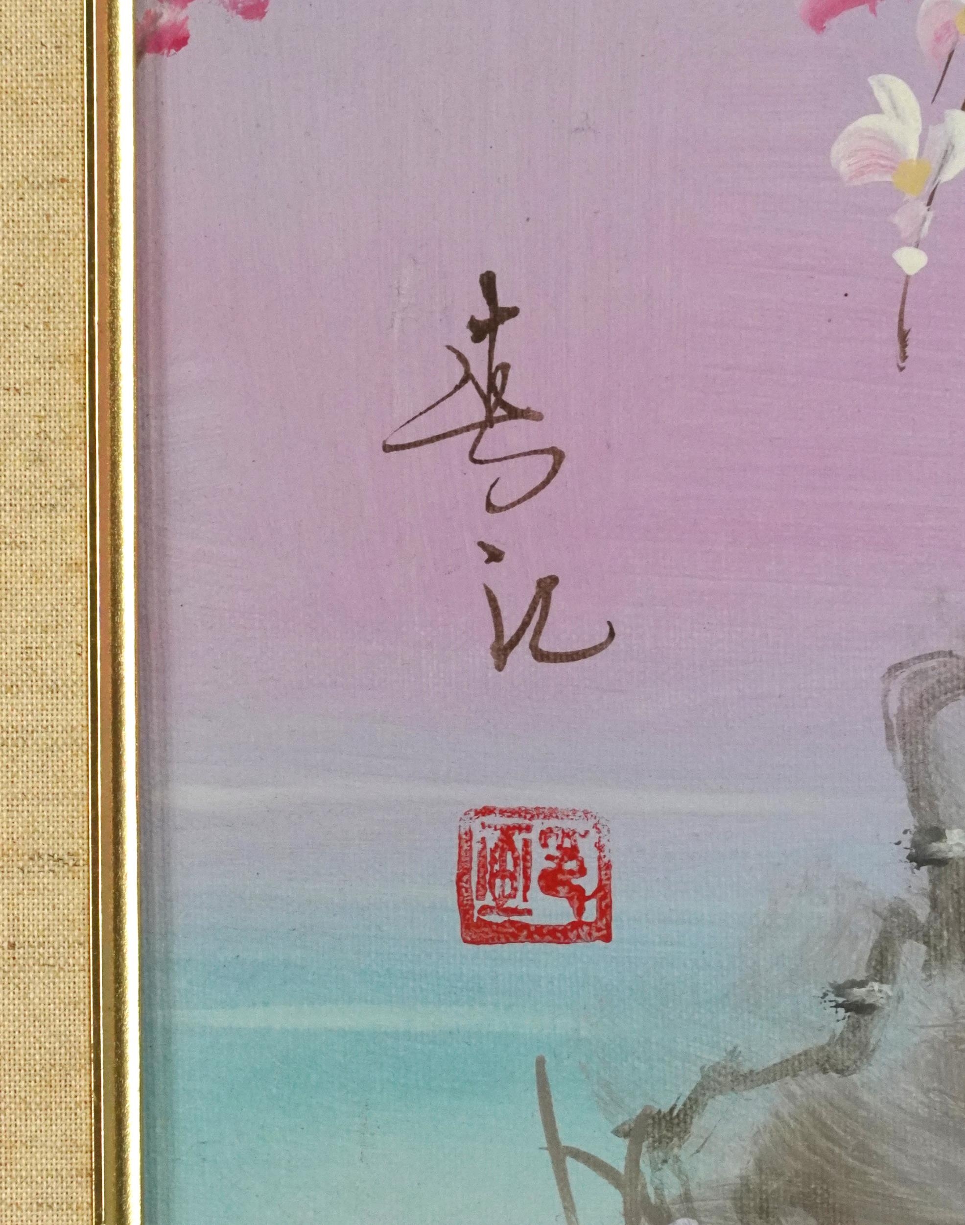 Young females beside flowers before water, two Chinese school oil on canvases, each with - Image 8 of 9