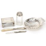 Edwardian and later silver items including a shell shaped dish, rectangular matchbox holder,