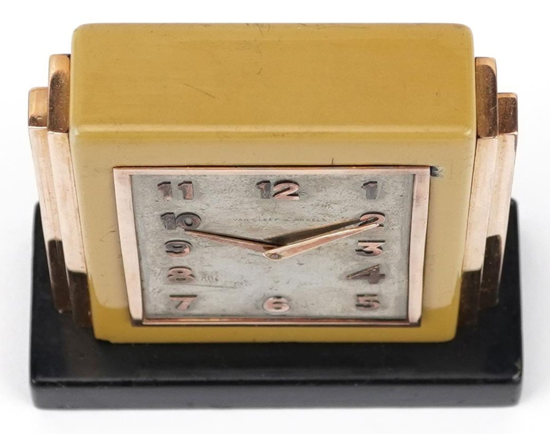 Van Cleef & Arpels, French Art Deco gold mounted and enamel travel clock with stepped shoulders - Image 5 of 11