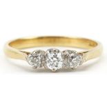 18ct gold diamond three stone ring, total diamond weight 0.20 carat, size P, 3.0g