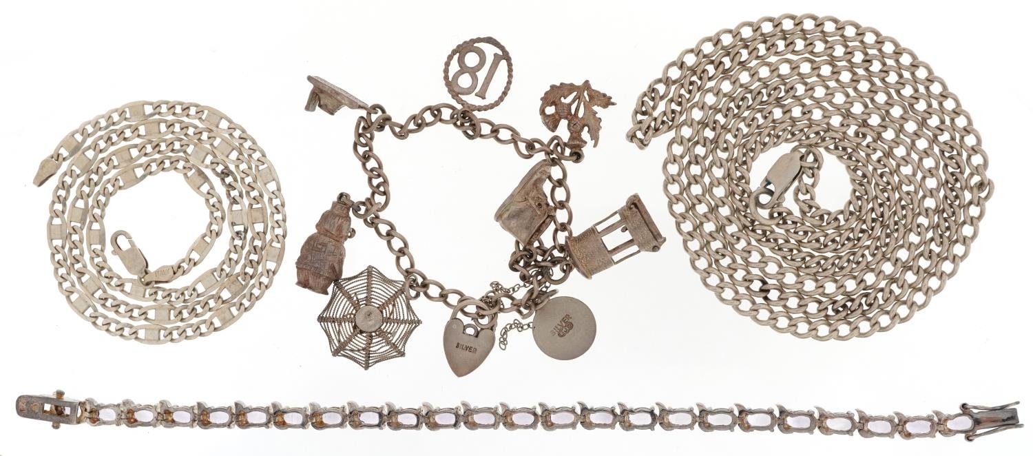 Silver jewellery comprising two necklaces, charm bracelet with a collection of charms and an - Image 4 of 5