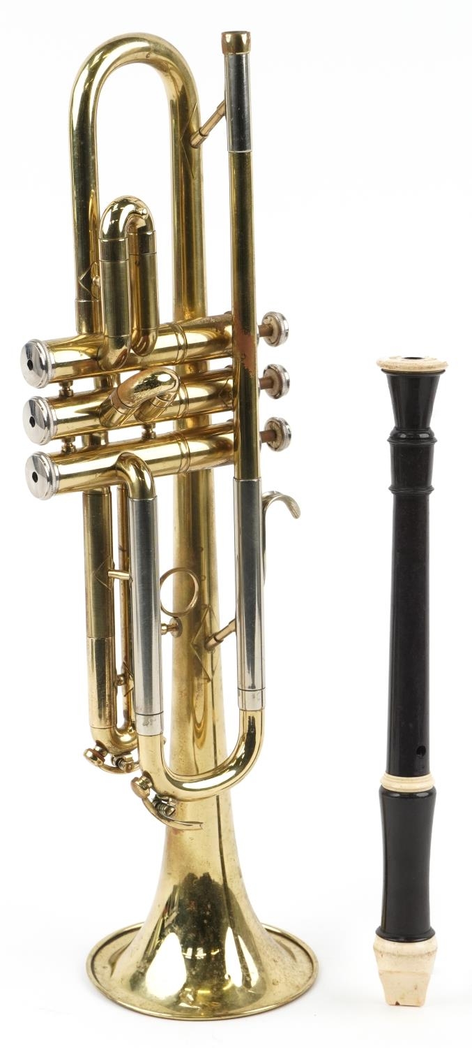 B & M Champion brass cornet and an Aulos flute with fitted case, the largest 50cm in length - Image 3 of 5