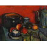 Still life, vessels and fruit, Camden Town school oil on board, mounted and framed, 45cm x 35cm