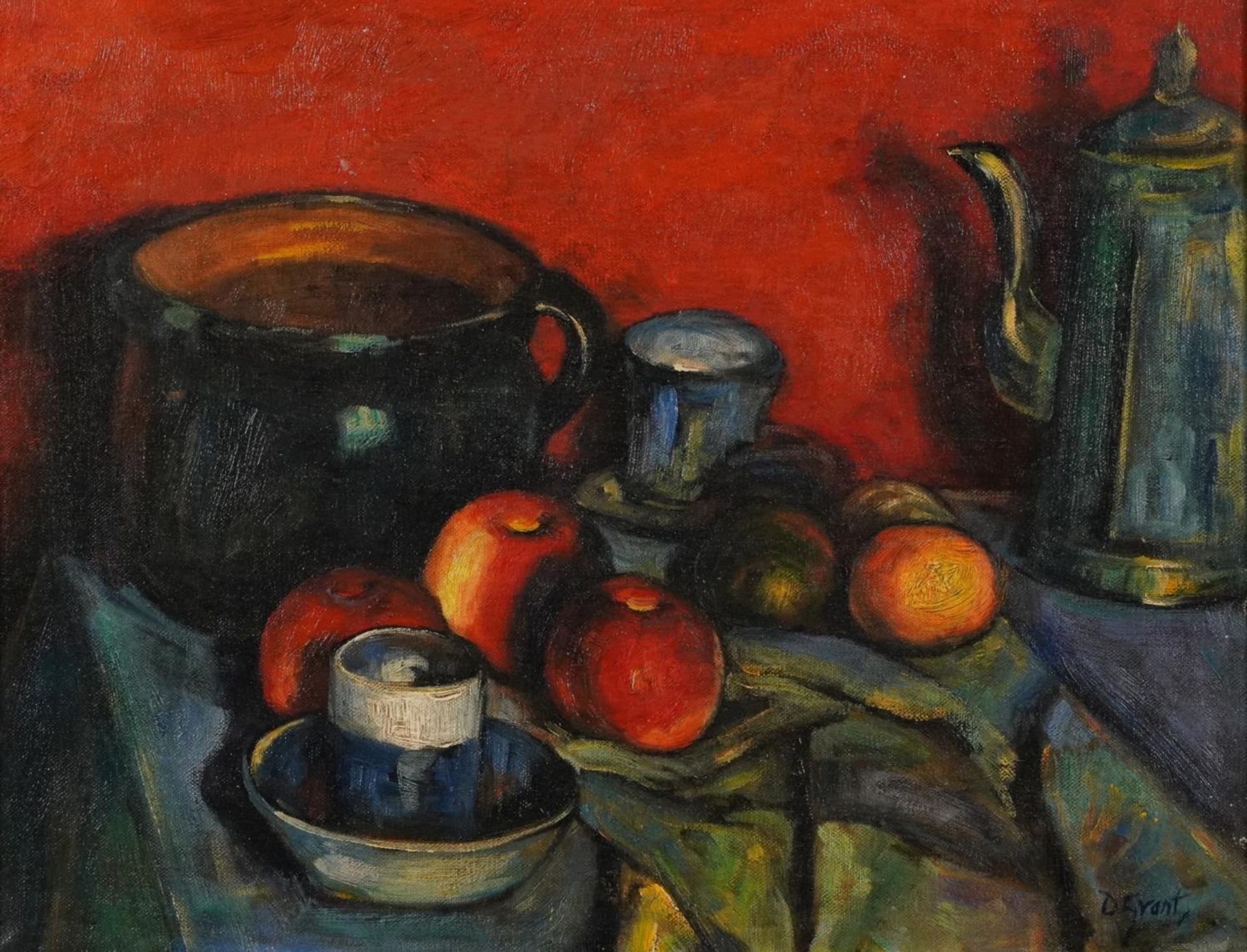 Still life, vessels and fruit, Camden Town school oil on board, mounted and framed, 45cm x 35cm