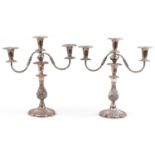 Large pair of classical silver plated three branch candelabras, each 41cm high