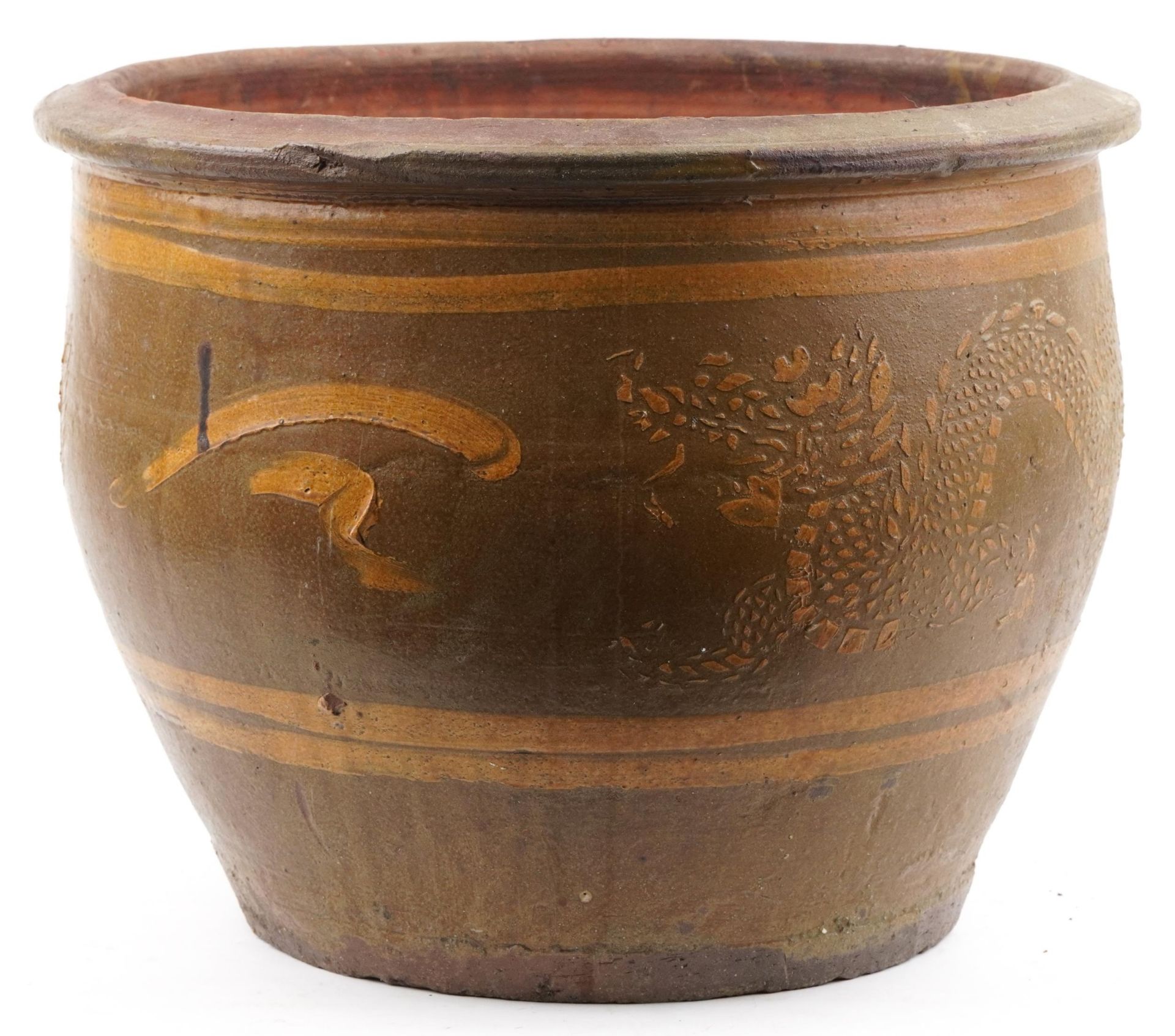 Large Chinese archaic style terracotta planter having and ash and brown glaze, incised with two - Image 3 of 6