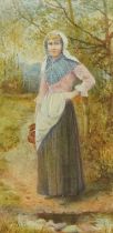 Helen Allingham - Female in a landscape holding a jug, Pre-Raphaelite watercolour, inscribed label