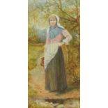 Helen Allingham - Female in a landscape holding a jug, Pre-Raphaelite watercolour, inscribed label