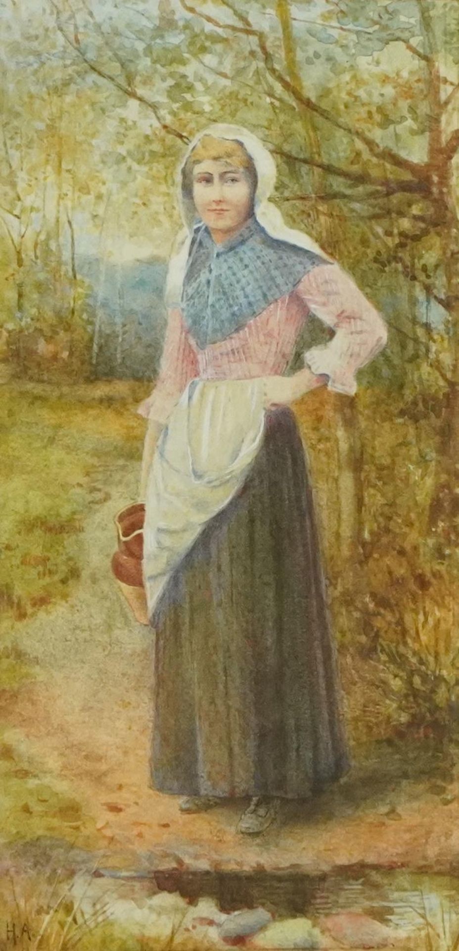 Helen Allingham - Female in a landscape holding a jug, Pre-Raphaelite watercolour, inscribed label