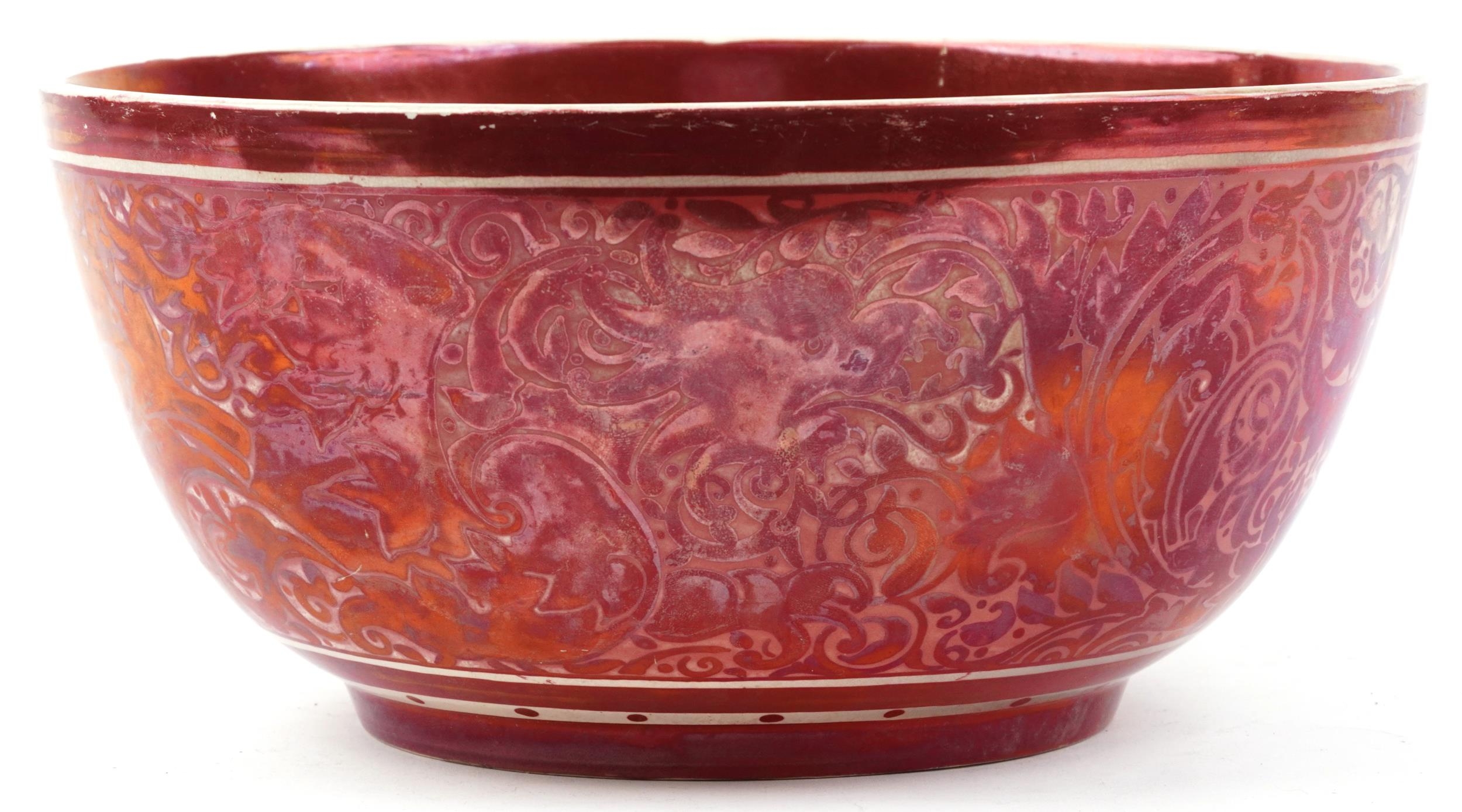 William De Morgan, large Arts & Crafts ruby lustre bowl hand painted with stylised griffins - Image 2 of 3