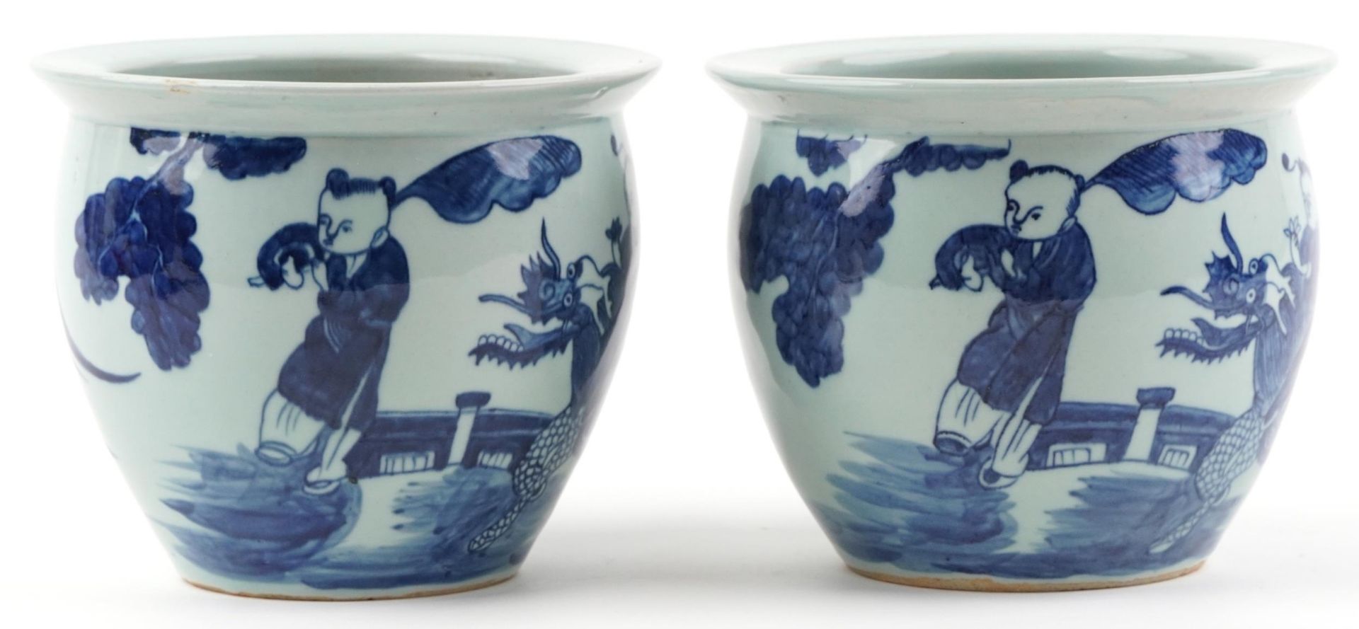 Pair of Chinese blue and white porcelain jardinieres painted with children playing in a palace - Image 4 of 6