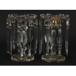Pair of Victorian cut glass lustre candlesticks with coloured glass drops, each 18cm high