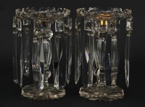 Pair of Victorian cut glass lustre candlesticks with coloured glass drops, each 18cm high