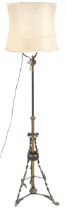 Victorian aesthetic iron and brass adjustable oil lamp converted for electric use, 195cm high