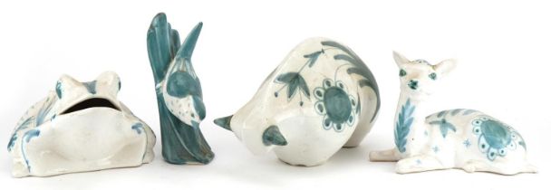 Four Rye Pottery animals by David Sharp comprising bison, deer, bird and frog, the largest 22cm in