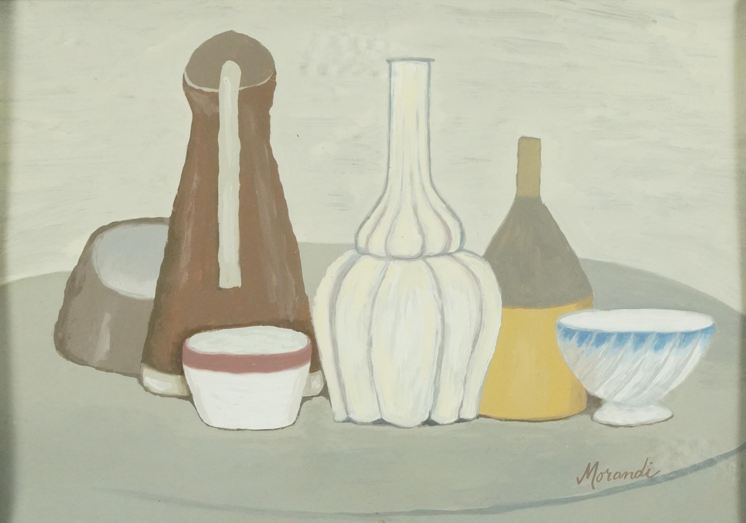 Still life vessels on a table, continental school gouache, mounted, framed and glazed, 37cm x 26cm