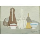 Still life vessels on a table, continental school gouache, mounted, framed and glazed, 37cm x 26cm