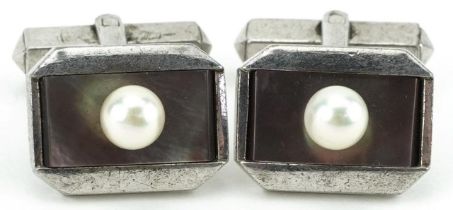 Mikimoto, pair of Japanese silver pearl and abalone cufflinks, 1.6cm wide, total 8.8g