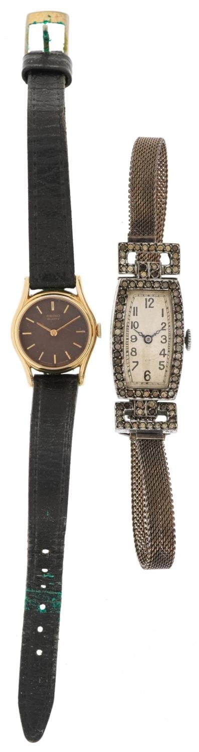 Two ladies wristwatches comprising Art Deco silver example set with clear stones and Seiko, the - Image 2 of 7