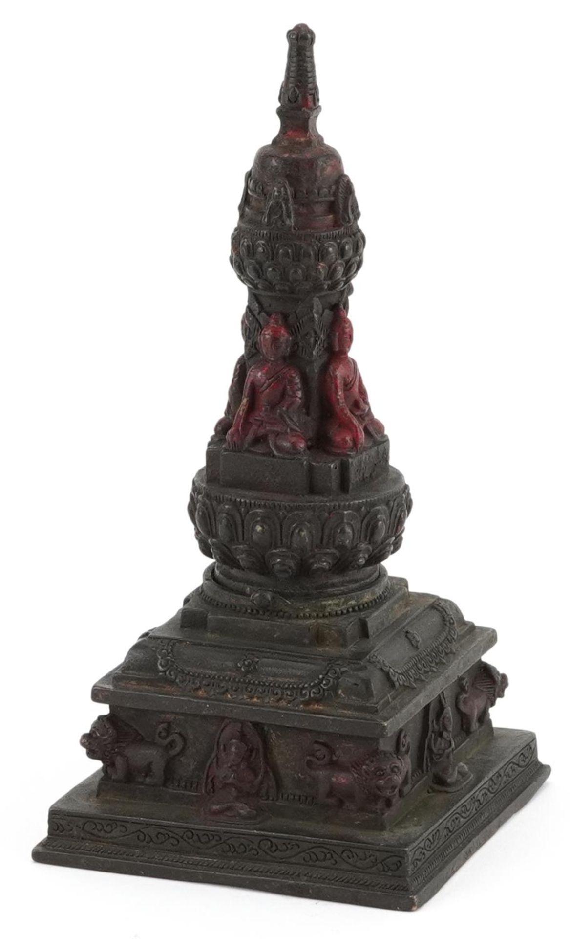 Chino Tibetan partially gilt and lacquered stupa, 20cm high