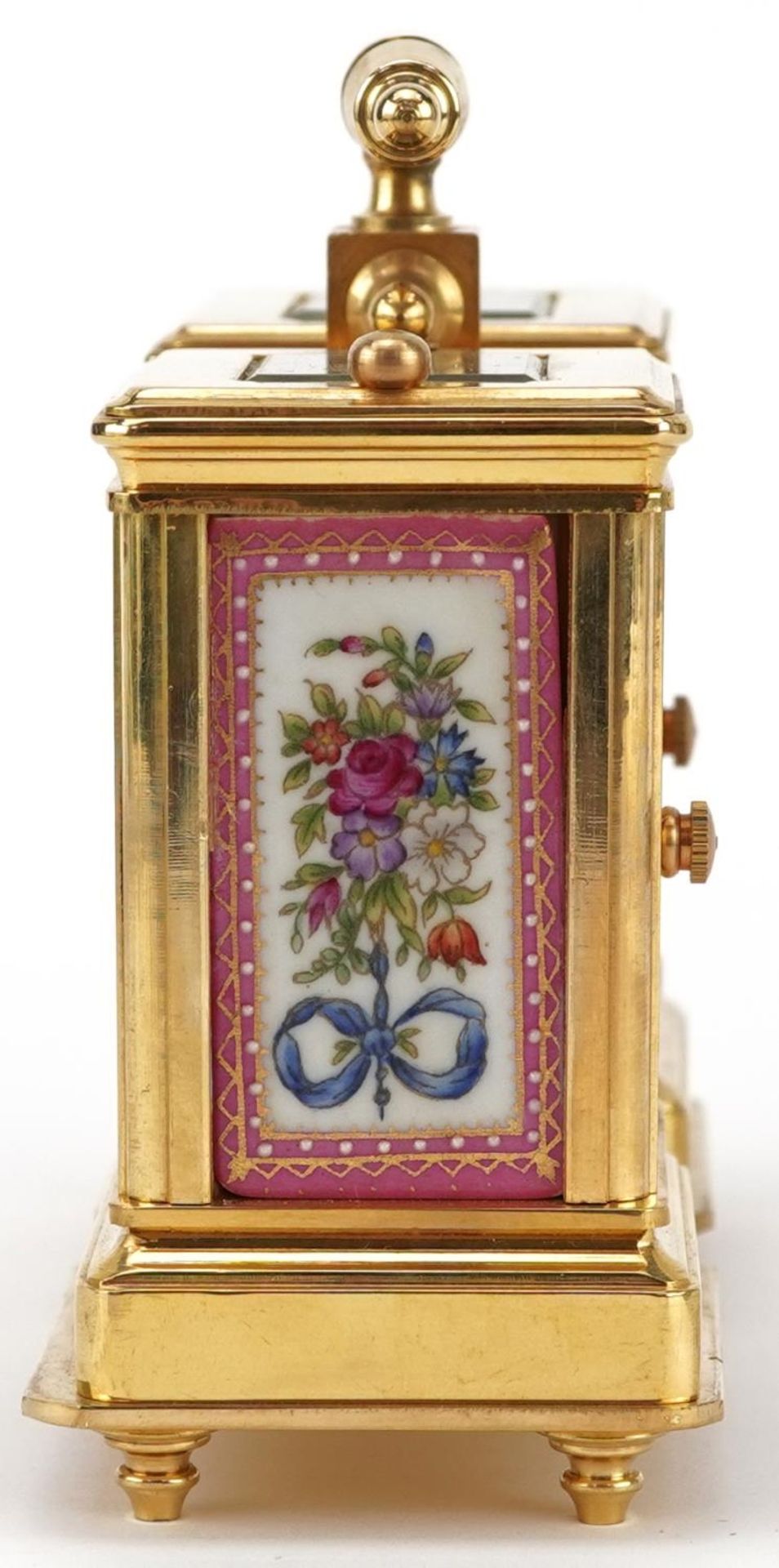 French brass cased clock barometer timepiece having Sevres type porcelain panels decorated with - Image 3 of 8