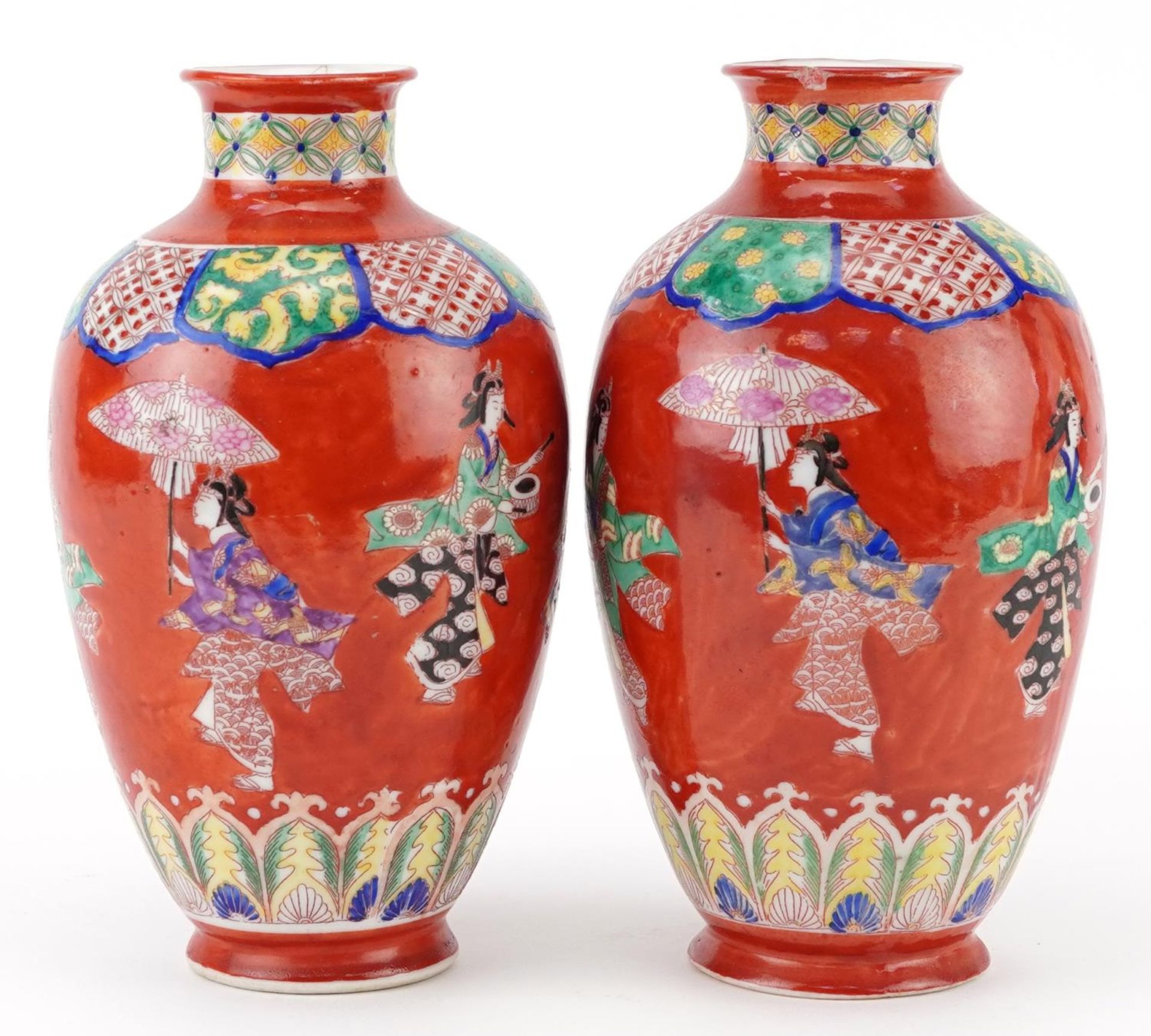 Pair of Japanese iron red ground porcelain vases hand painted with a continuous band of Geishas - Image 3 of 6