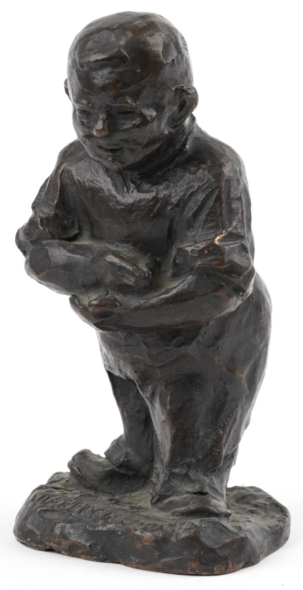 Mid century patinated bronze statue of a young boy gathering, incised Viaveggio 49, 21cm high - Image 3 of 5